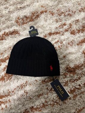 Polo Ralph Lauren Black Ribbed Knit Beanie with Red Pony